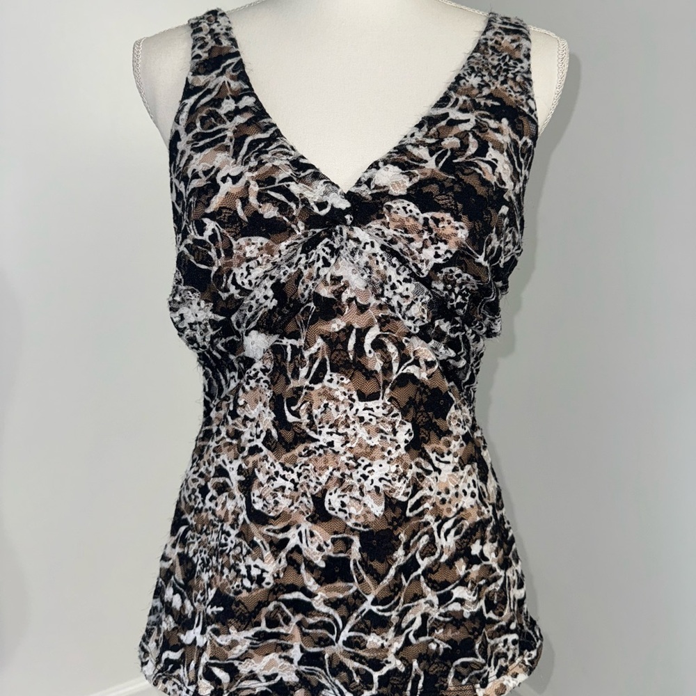 Cache Burnout Lace Mesh Tank Top Womens M Abstract‎ Smokey Floral Y2K Open Back